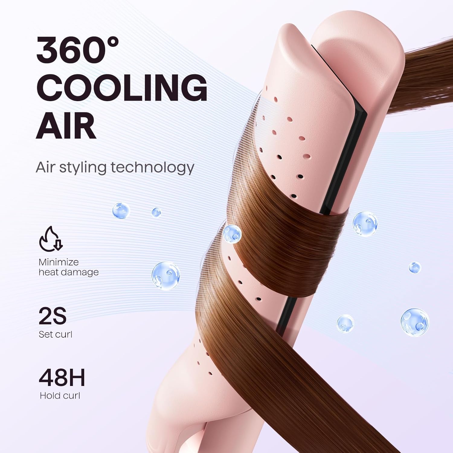 Airflow Styler Curling Iron, Cool Curl, 360° Cool Air Lock in Style for Lasting Curls, Reduces Damage, 2 in 1 Hair Straightener and Curler, 1.25 Inch Anti-Scald for Short Long Hair, Pink